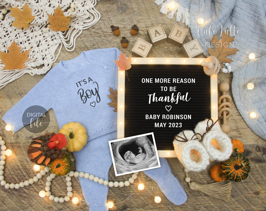 Digital Thanksgiving Boy Gender Reveal For Social Media, Its a Boy, Boho Blue Autumn Fall Rustic Turkey Pregnancy Announcement, Thankful
