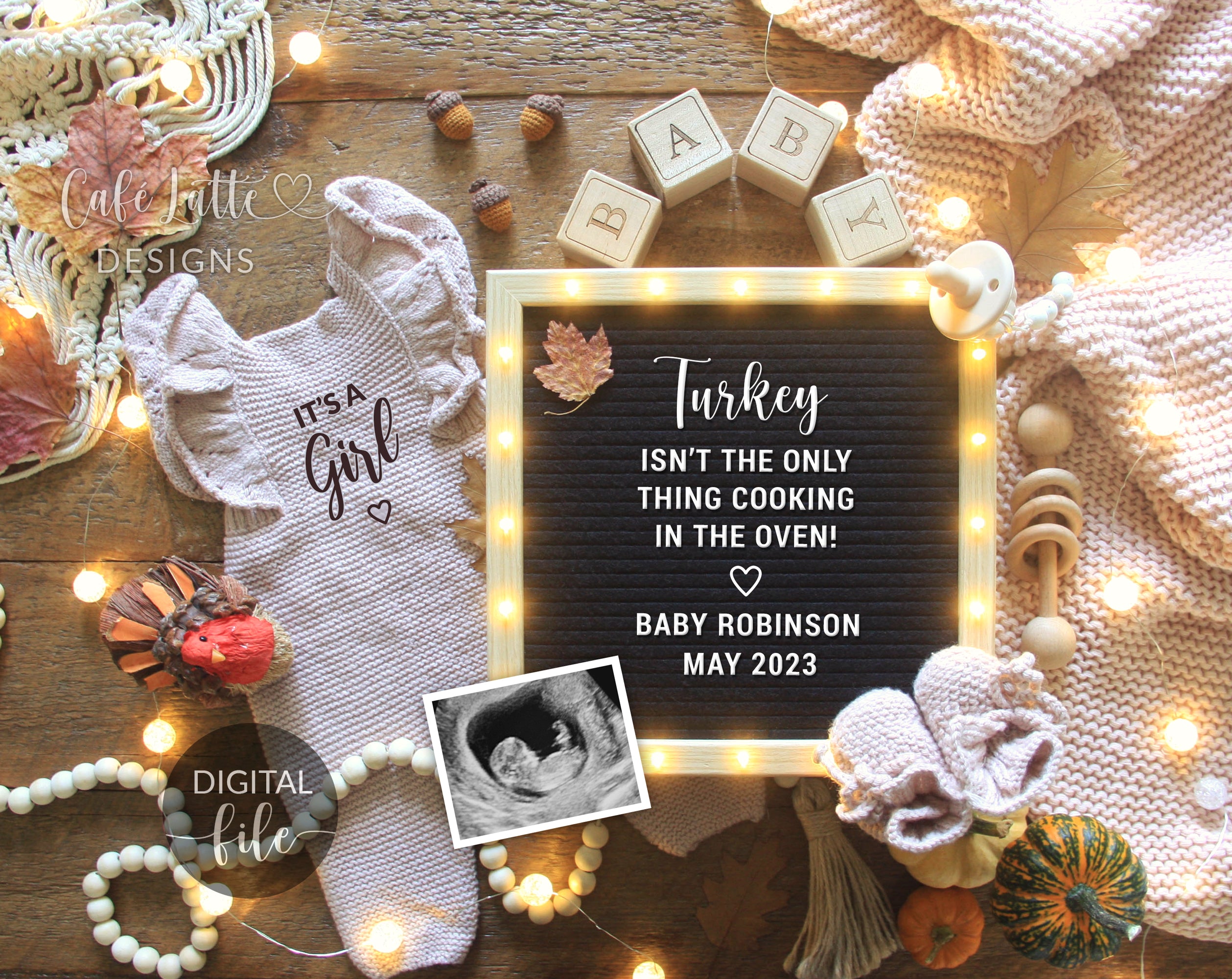 digital thanksgiving girl gender reveal pregnancy announcement for social media instagram facebook its a girl pink boho baby lights one more reason to be thankful pic1 digital thanksgiving girl gender reveal for social media, its a girl, boho pink autumn fall rustic turkey pregnancy announcement, thankful