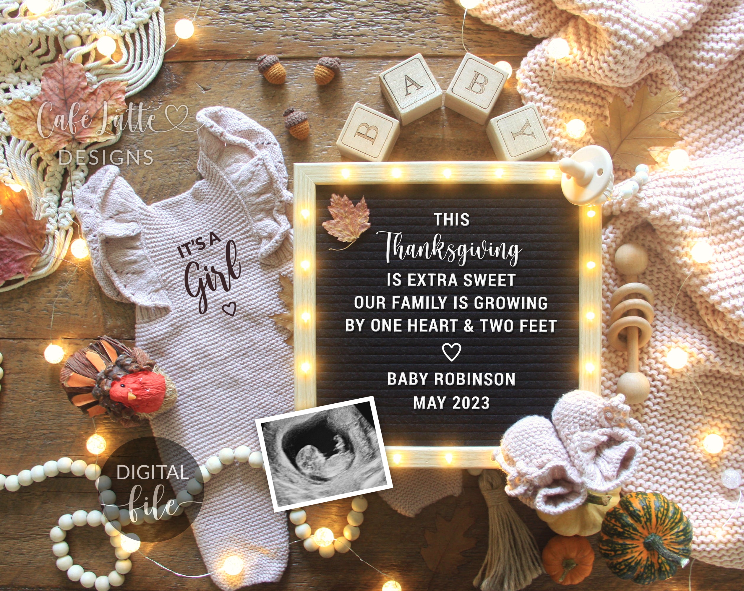 digital thanksgiving girl gender reveal for social media, its a girl, boho  pink autumn fall rustic turkey pregnancy announcement, thankful