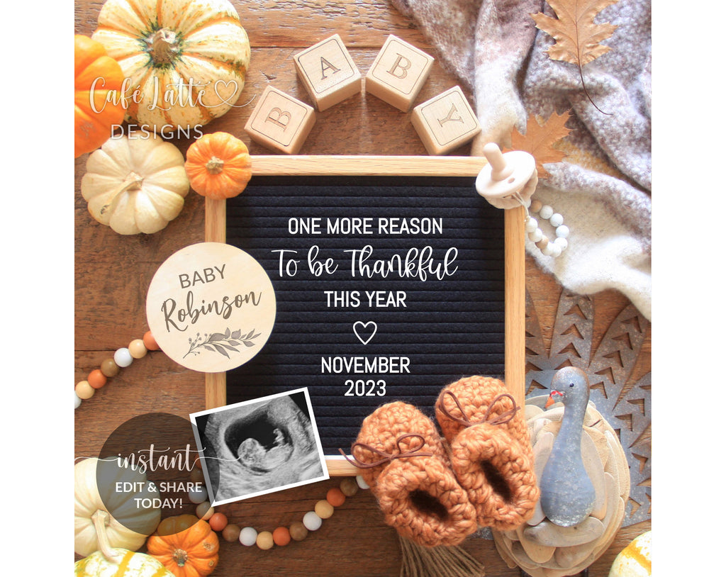 Digital Thanksgiving Pregnancy Announcement For Social Media, One More Reason to be Thankful, Editable Template Baby Turkey Pumpkins, DIY