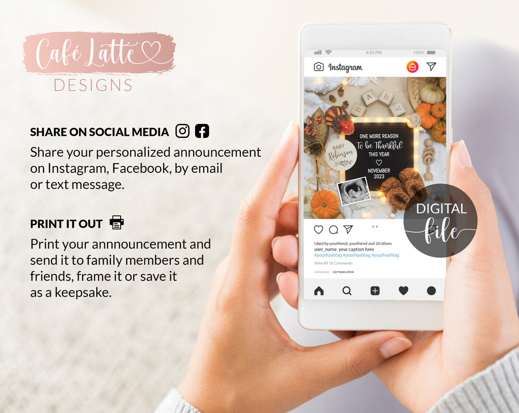 Digital Thanksgiving Pregnancy Announcement For Social Media, Fall Editable Template One More Reason to be Thankful, Turkey Baby Autumn, DIY