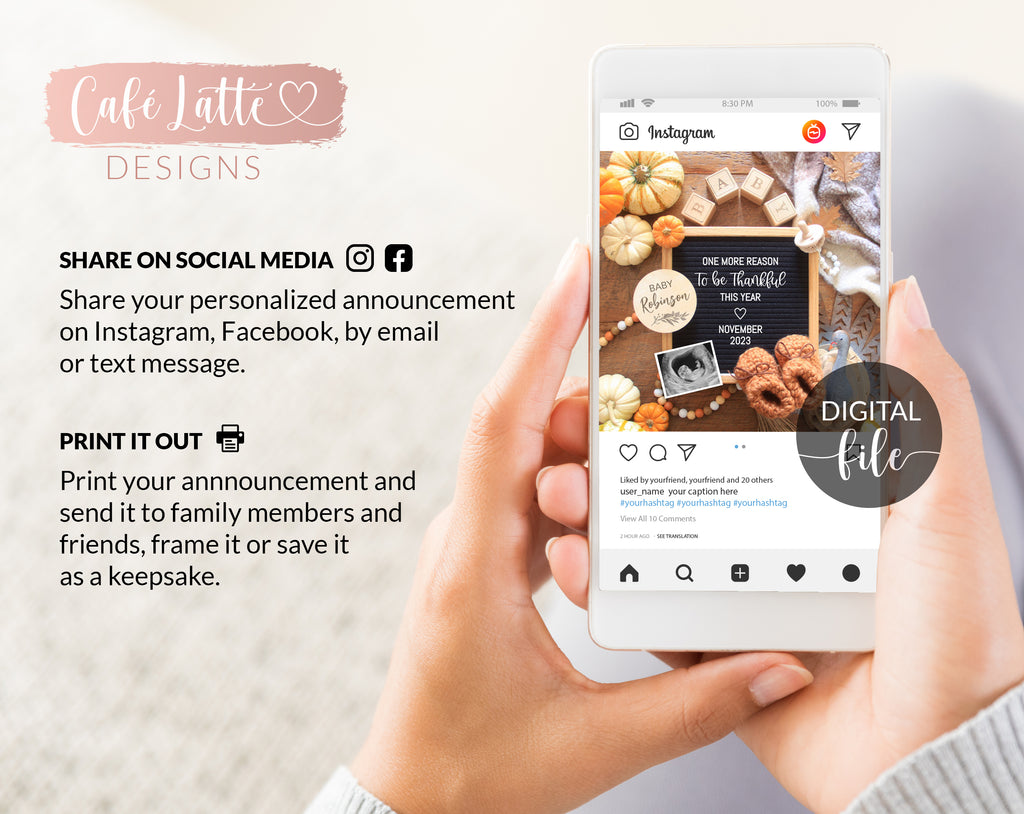 Digital Thanksgiving Pregnancy Announcement For Social Media, One More Reason to be Thankful, Editable Template Baby Turkey Pumpkins, DIY