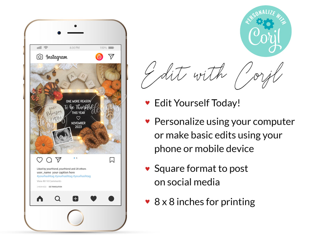 Digital Thanksgiving Pregnancy Announcement For Social Media, Fall Editable Template One More Reason to be Thankful, Turkey Baby Autumn, DIY