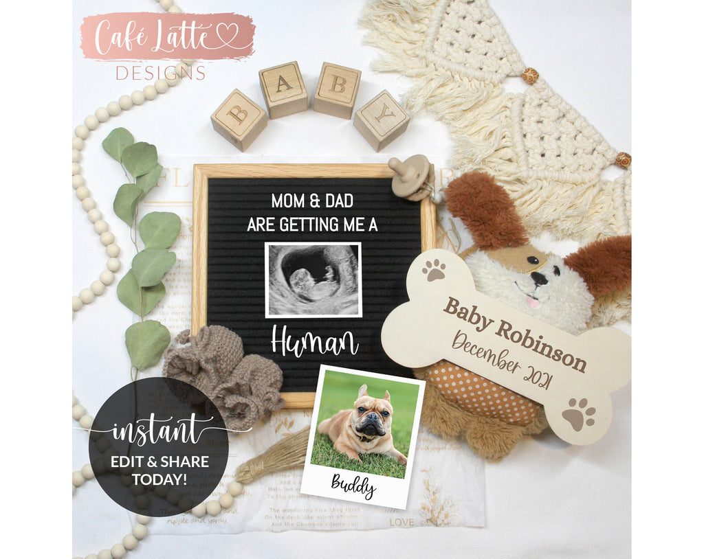 Editable Dog Pregnancy Announcement Social Media, Animal, Getting Me a Human, Gender Neutral Boho Baby, Digital Printable, Edit Yourself DIY
