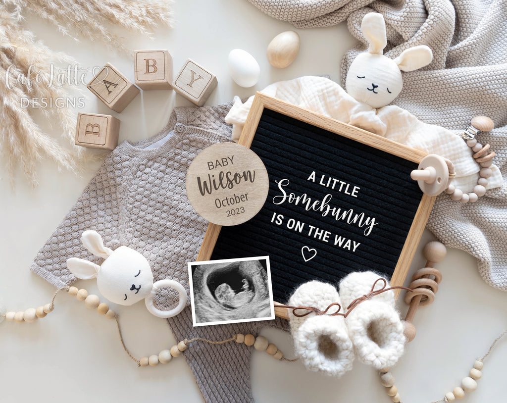 Easter Baby Announcement Digital Reveal For Social Media, Easter Pregnancy Announcement Digital Image With Letter Board, Bunny Rabbits and Eggs, A Little Somebunny Is On The Way