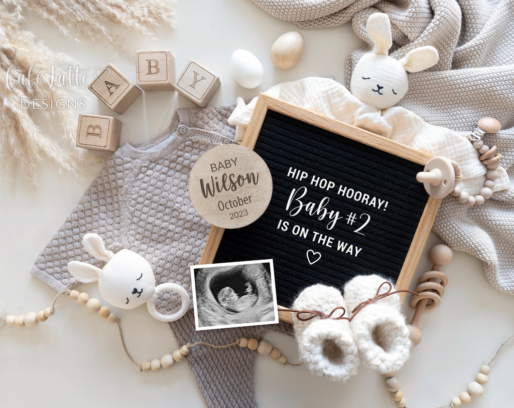 Easter Baby Announcement Digital Reveal For Social Media, Easter Pregnancy Announcement Digital Image With Letter Board, Bunny Rabbits and Eggs, Hip Hop Hooray Baby 2 Is On The Way