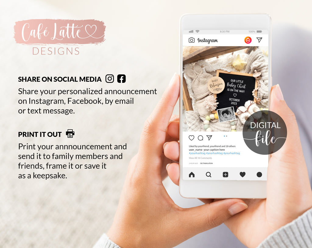 Easter pregnancy announcement digital reveal for social media, Easter baby announcement digital image with little chick, baby bunny outfit, eggs, vintage cradle and letter board, Our Little Baby Chick Is On The Way