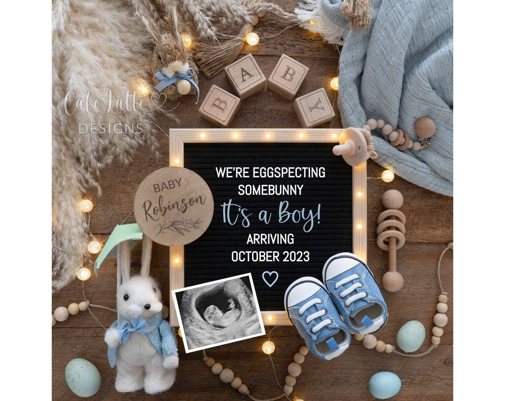 Easter boy gender reveal, Easter boy pregnancy announcement digital reveal for social media, Easter bunny, eggs, boho pampas and letter board, we are eggspecting somebunny, its a boy