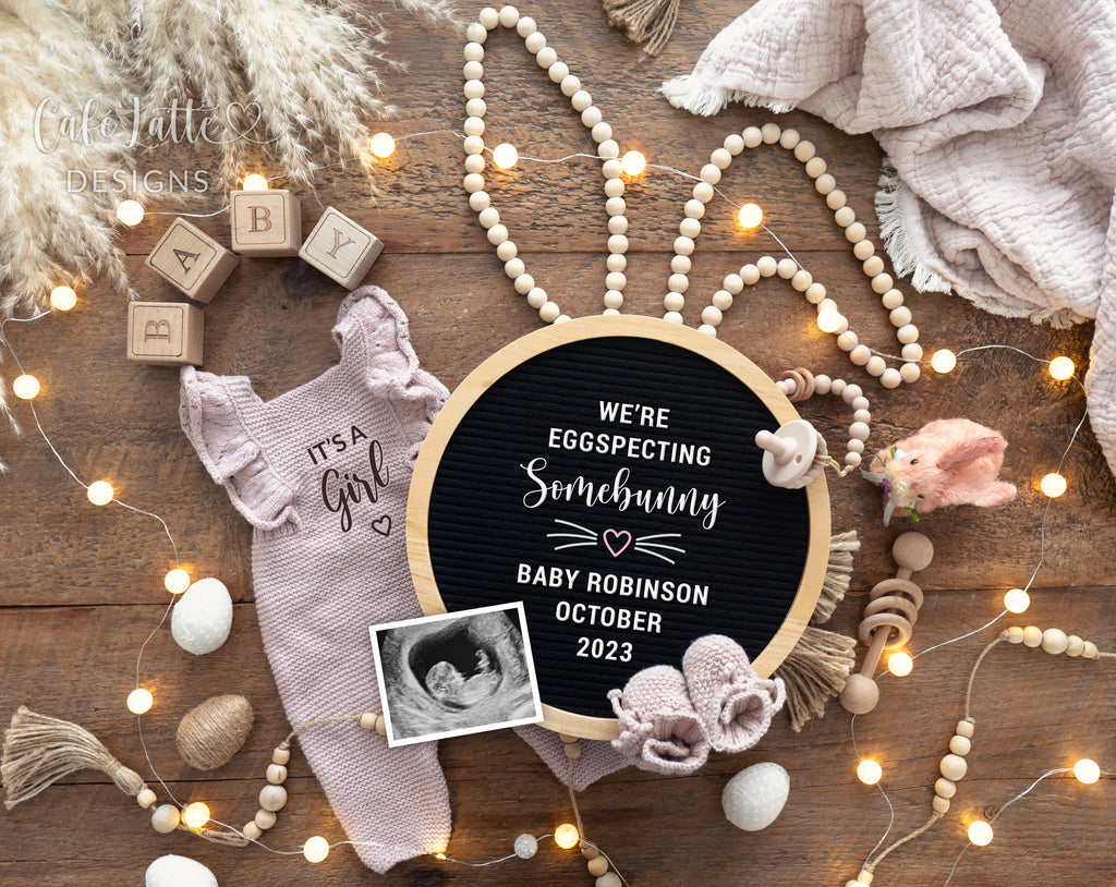 Easter girl baby gender reveal, Easter girl pregnancy announcement digital reveal for social media, Easter boho image with pink knitted outfit, bunny ears, Easter eggs, circle letter board and bunny ears, we are eggspecting Somebunny, its a girl