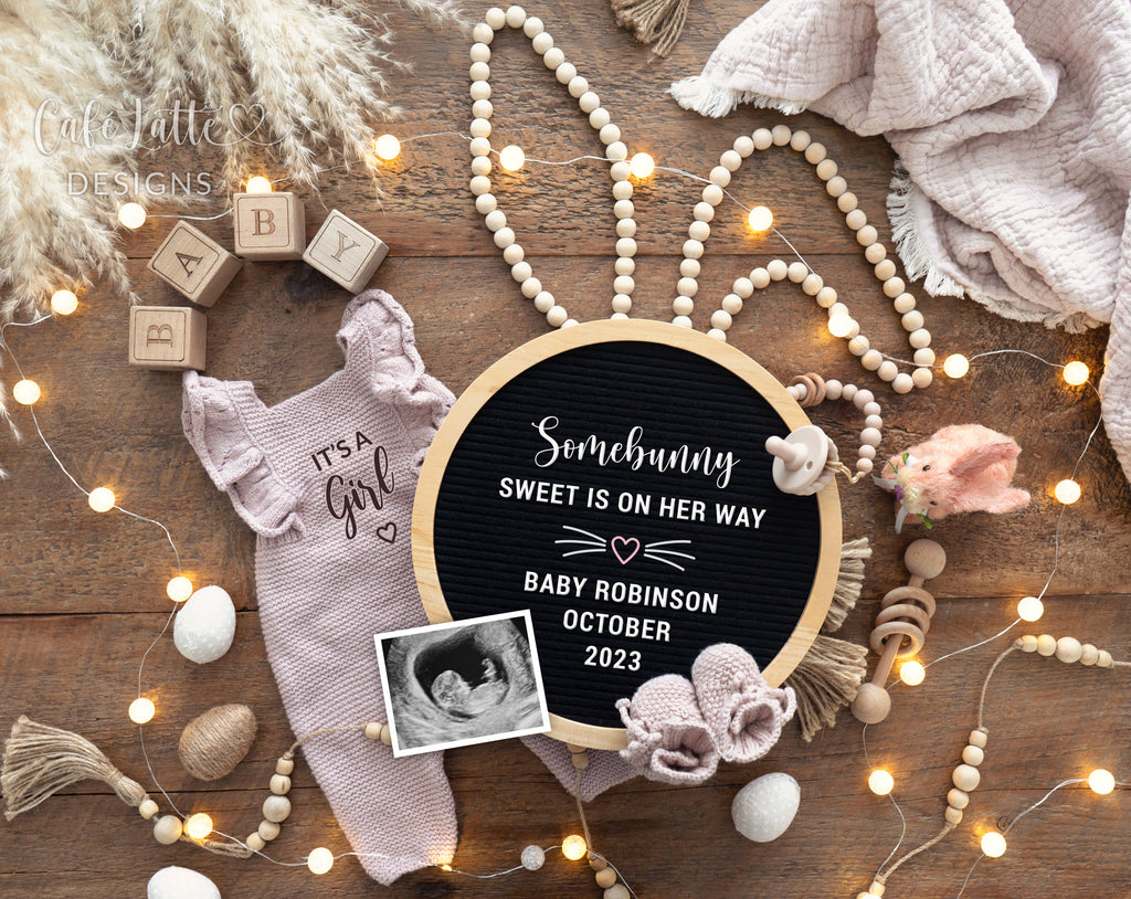 Easter girl baby gender reveal, Easter girl pregnancy announcement digital reveal for social media, Easter boho image with pink knitted outfit, bunny ears, Easter eggs, circle letter board and bunny ears, Somebunny sweet is on her way, its a girl