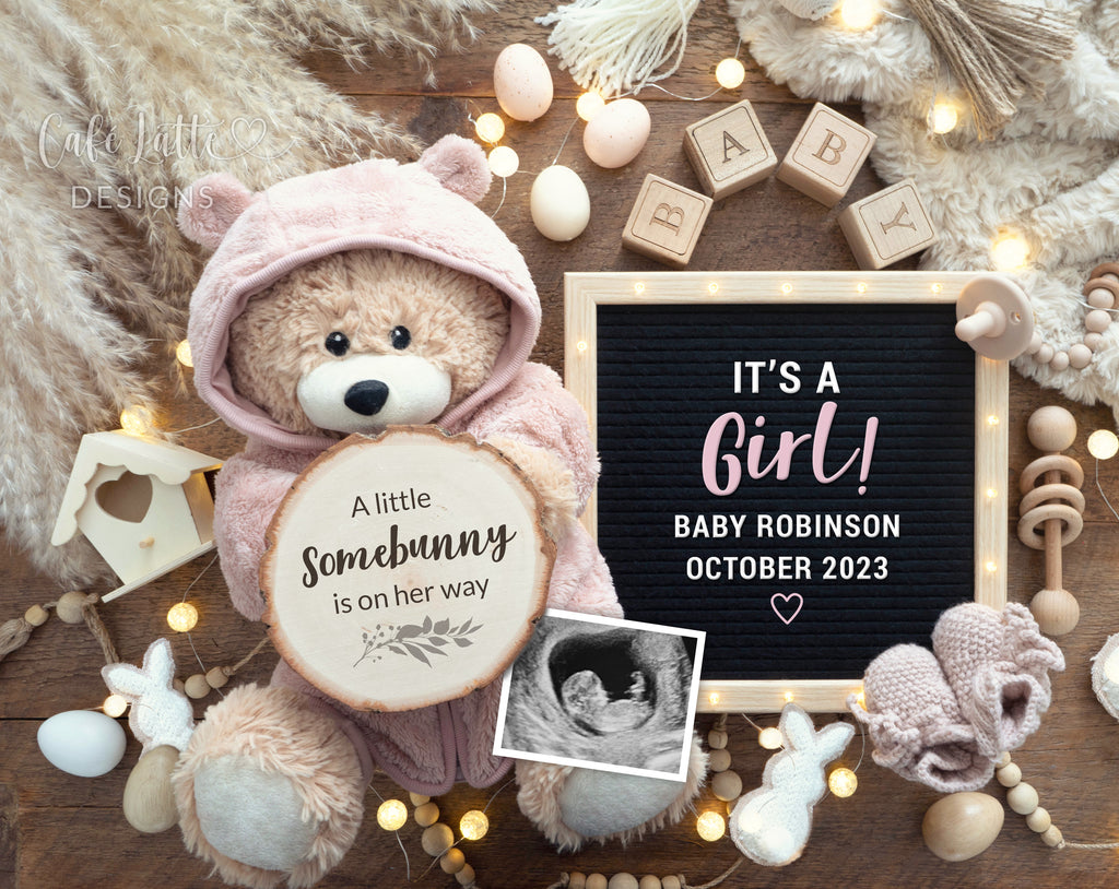 Girl Easter baby gender reveal, girl Easter pregnancy announcement digital image with teddy bear, bunny rabbits, eggs, pampas and letter board, its a girl, a little somebunny is on her way