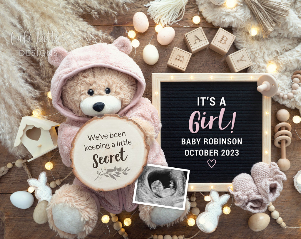 Girl Easter baby gender reveal, girl Easter pregnancy announcement digital image with teddy bear, bunny rabbits, eggs, pampas and letter board, its a girl, keeping a little secret