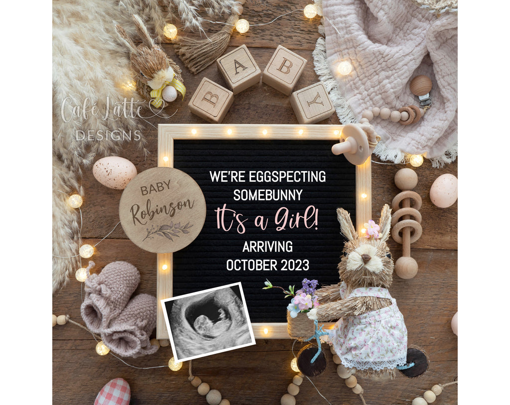 Easter girl baby gender reveal, Easter girl pregnancy announcement digital reveal for social media, Girl bunny rabbit on bike, eggs and letter board boho image, we are eggspecting somebunny, its a girl editable template