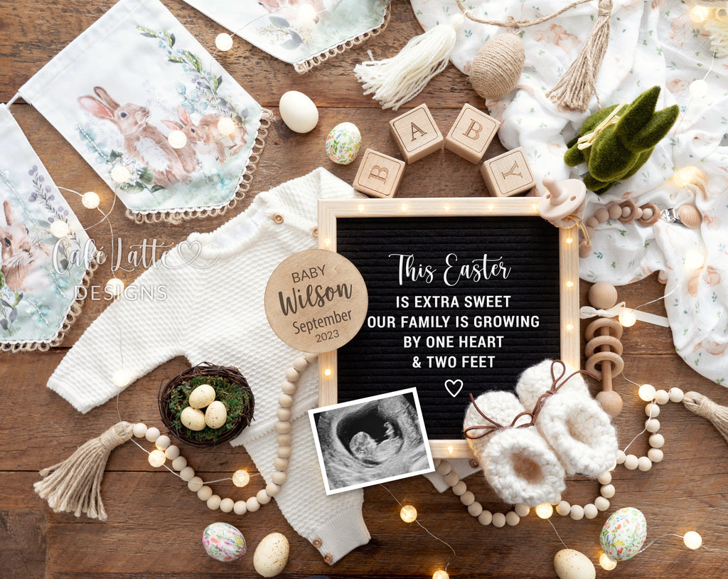 Easter Pregnancy Announcement Digital Reveal For Social Media, Easter Baby Announcement Digital Image With Vintage Bunny Bunting Banner, Eggs and Knit Outfit, Letter Board Design Our Family Is Growing By One Heart And Two Feet