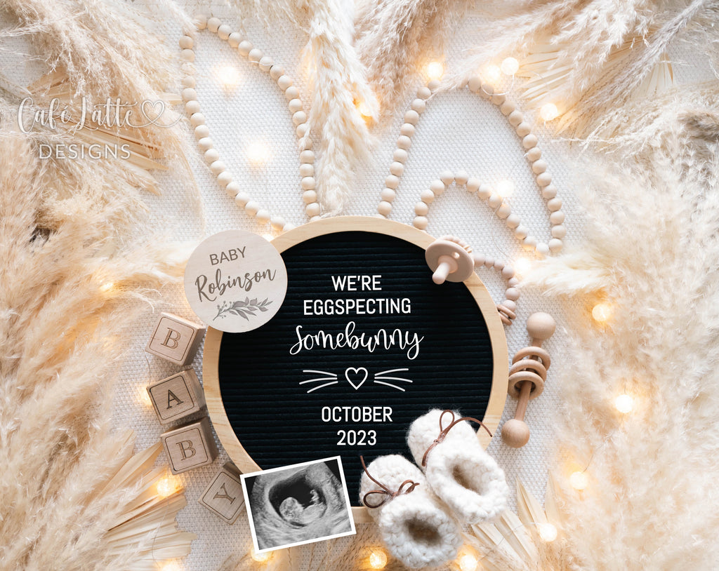 Easter Pregnancy Announcement Digital Reveal For Social Media, Easter Baby Announcement Digital Image With Bunny Ears and Circle Letter Board, We Are Eggspecting Somebunny