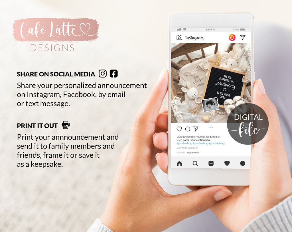 Easter Pregnancy Announcement For Social Media, Eggspecting Somebunny Digital Letter Board Template With Wood Cradle and Bunnies