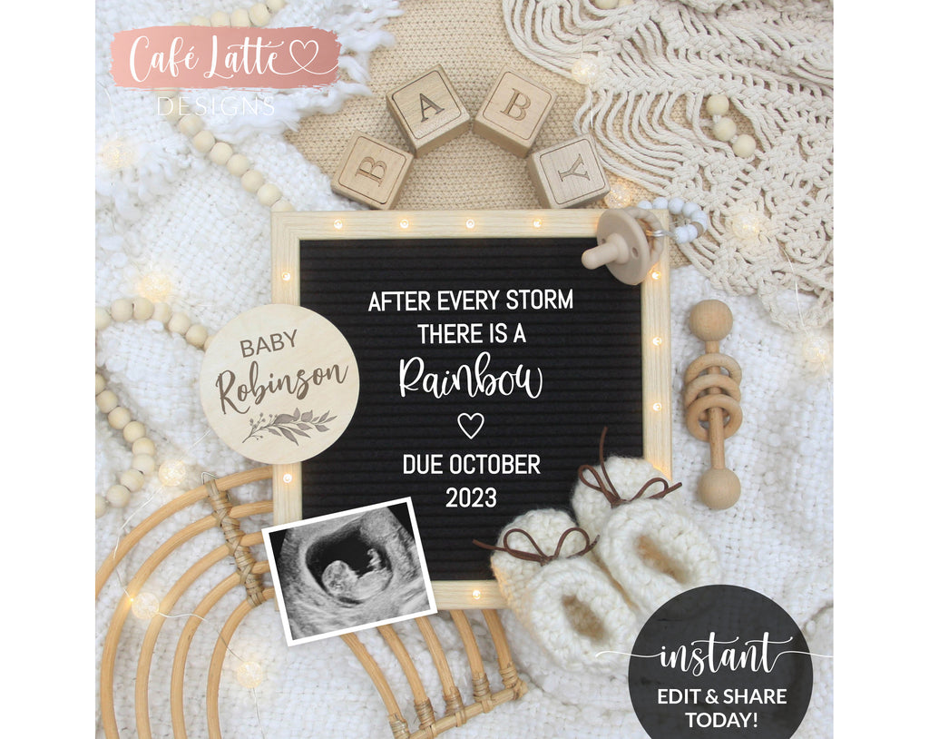 Digital Rainbow Baby Pregnancy Announcement For Social Media, After Every Storm There is a Rainbow Boho Letter Board Baby Reveal, Editable Template DIY