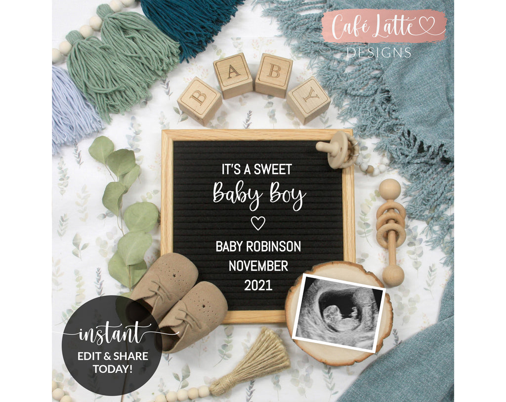Editable Boy Baby Announcement Social Media, Sweet Baby Boy Gender Reveal Letter Board Boho Pregnancy Digital Template, Instagram Facebook