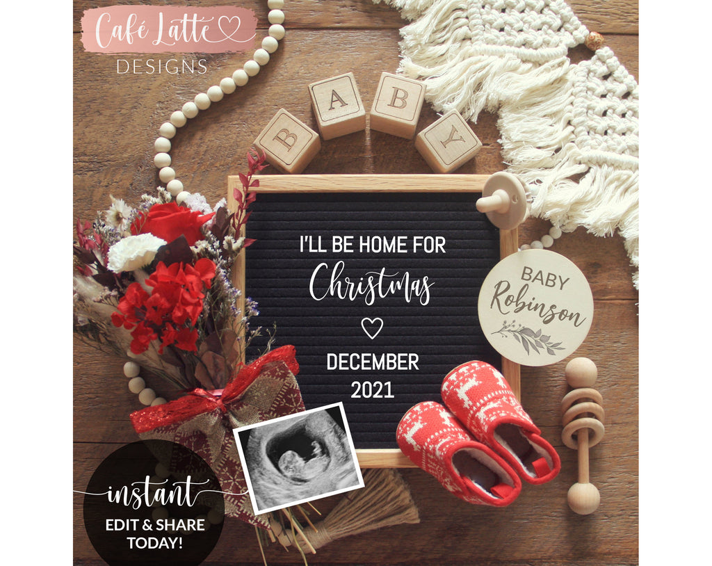 Editable Christmas Pregnancy Announcement Social Media, December Winter Baby, I'll Be Home For Christmas Letter Board, Digital Corjl DIY