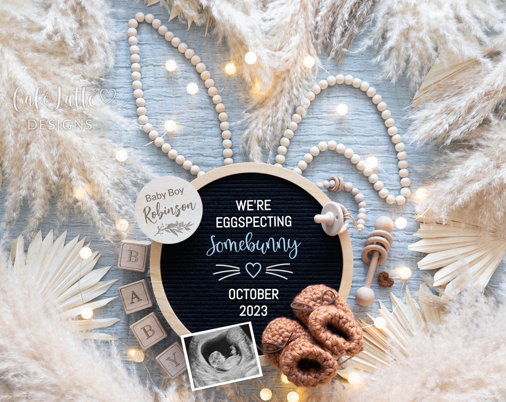 Easter boy baby gender reveal for social media, Easter boy pregnancy announcement digital image with big bunny ears, boho pampas and circle letter board, we are eggspecting somebunny, its a boy