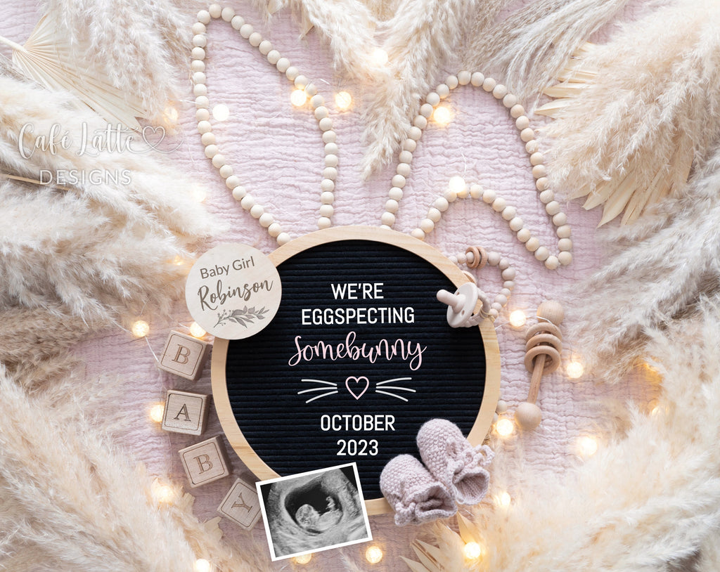 Easter girl baby gender reveal for social media, Easter girl pregnancy announcement digital image with big bunny ears, boho pampas and circle letter board, we are eggspecting somebunny, its a girl