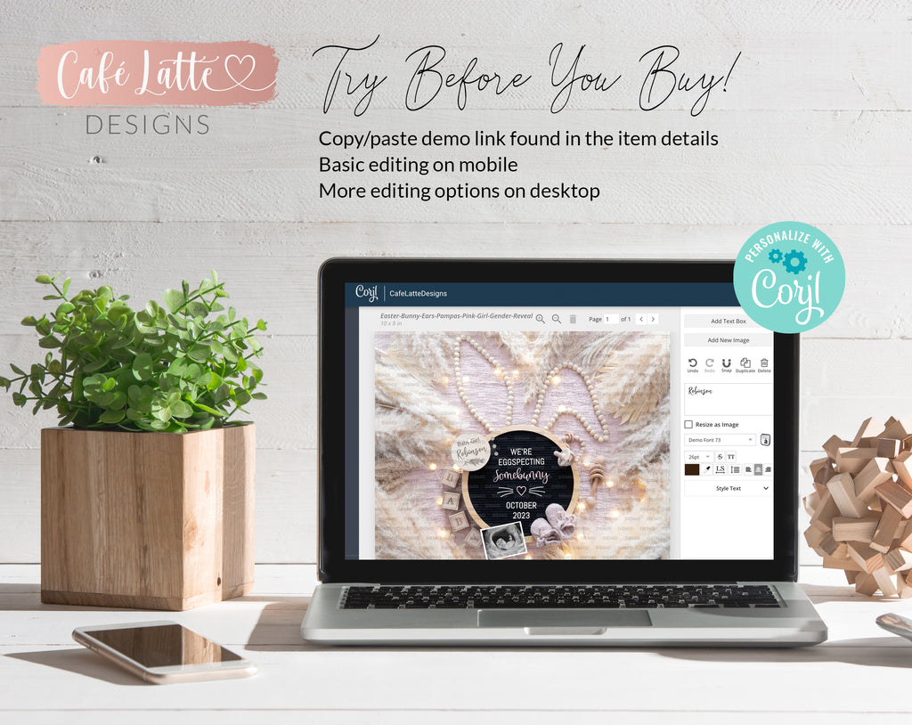 Easter girl baby gender reveal for social media, Easter girl pregnancy announcement digital image with big bunny ears, boho pampas and circle letter board, we are eggspecting somebunny, its a girl