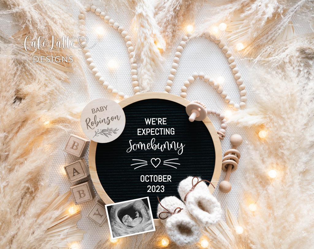 Easter Pregnancy Announcement Social Media, Expecting Somebunny Boho Digital Gender Neutral Baby, Editable DIY Circle Template, Bunny Ears
