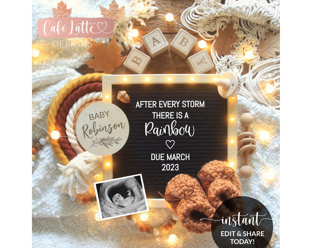 Digital Fall Boho Rainbow Baby Pregnancy Announcement Social Media, After Every Storm There Is A Rainbow Letter Board Editable, Autumn Corjl