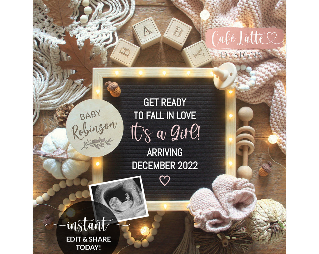 Digital Fall Girl Gender Reveal Announcement Social Media, Boho Fall Its a Girl Baby Letter Board Pregnancy Editable Template, Instagram DIY