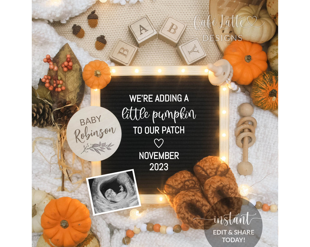 Digital Fall Boho Pregnancy Announcement For Social Media, Adding Pumpkin to Our Patch Letter Board Editable Template Baby Autumn Reveal