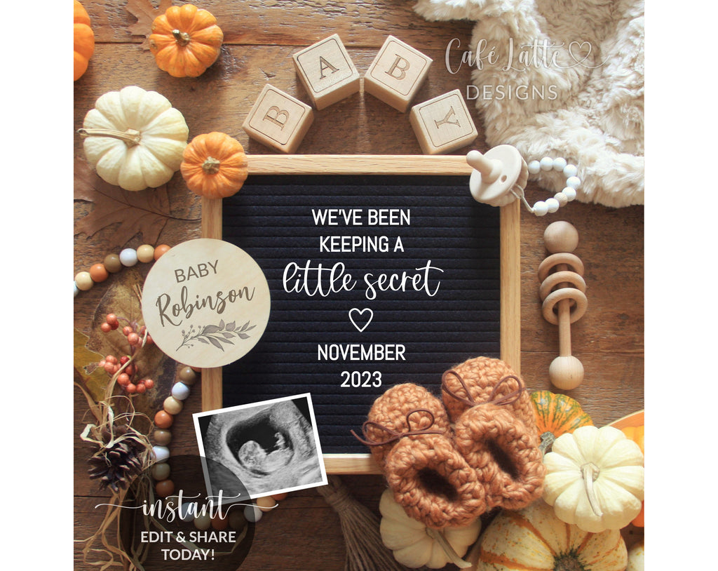 Digital Fall Pregnancy Announcement Social Media, Keeping a Secret Editable Template Thanksgiving Pumpkins Baby Reveal, Instagram, DIY Corjl