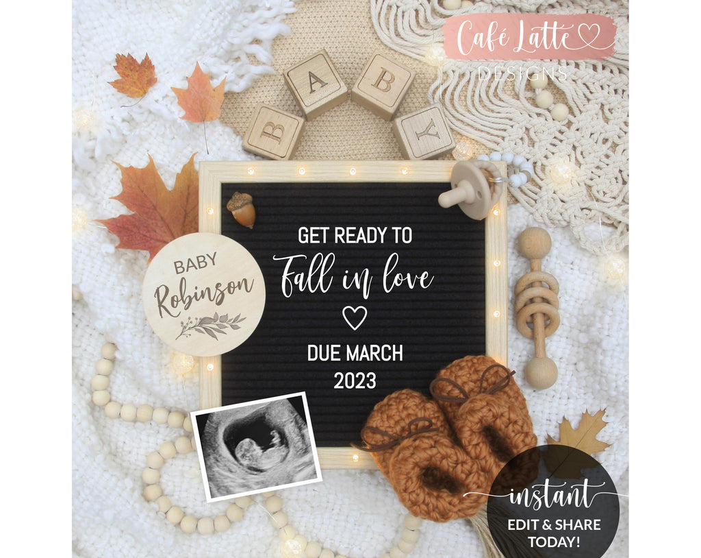 Fall Pregnancy Announcement Digital Social Media, Boho Autumn Fall In Love Letter Board Baby Reveal Editable Template DIY