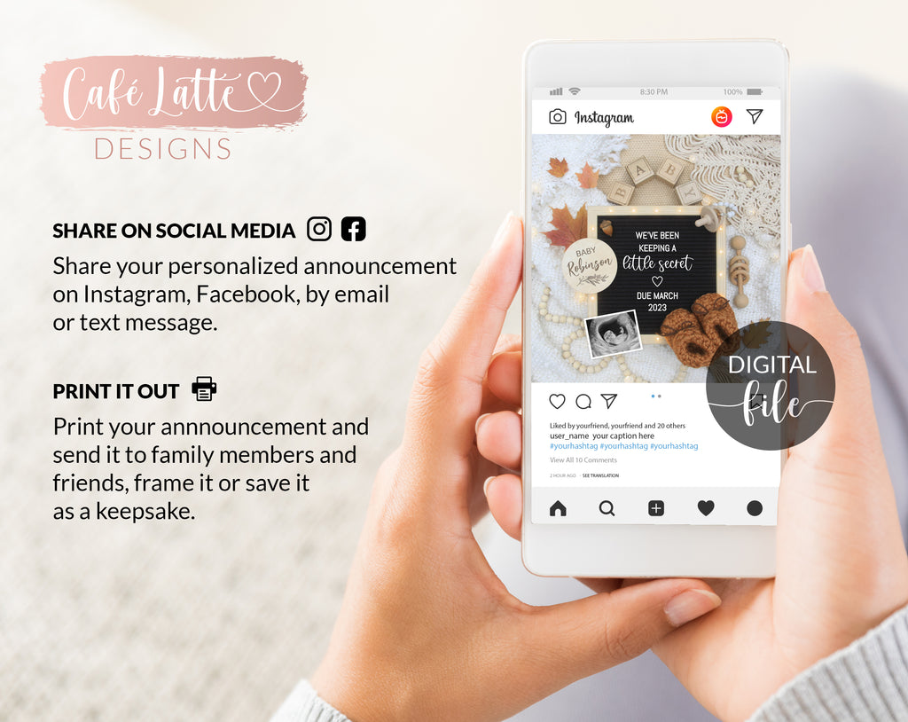 Digital Fall Pregnancy Announcement For Social Media, Autumn Thanksgiving Letter Board Boho Baby Reveal with Leaves, Editable Template DIY