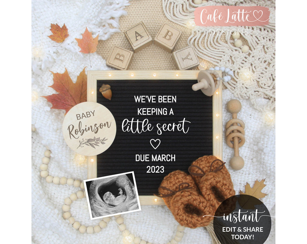 Digital Fall Pregnancy Announcement For Social Media, Autumn Thanksgiving Letter Board Boho Baby Reveal with Leaves