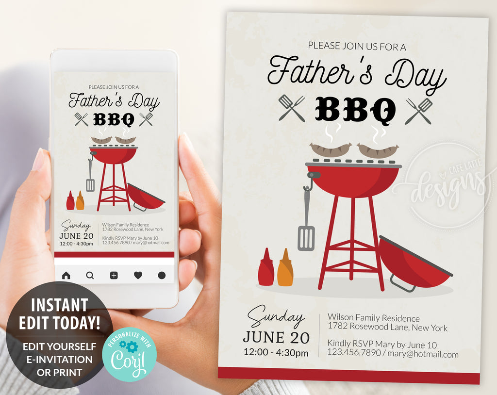 FATHERS Day Invitation Editable Printable Template, Personalized BBQ Lunch Dinner Dad Invite, E-Invite 5x7 inches Digital Instant DIY Corjl