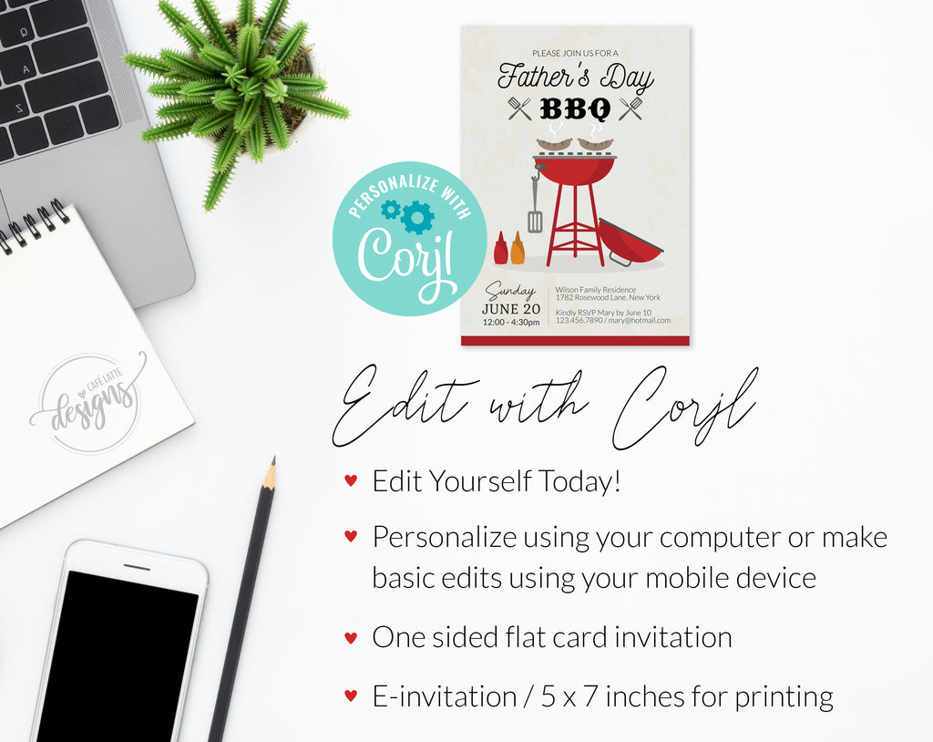 FATHERS Day Invitation Editable Printable Template, Personalized BBQ Lunch Dinner Dad Invite, E-Invite 5x7 inches Digital Instant DIY Corjl