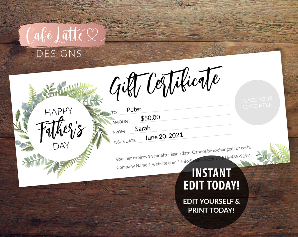 FATHERS DAY Gift Certificate Printable Editable Template, Business Logo Golf Lesson Sport Coupon, Instant DIY Corjl, Last Minute Gift Dad
