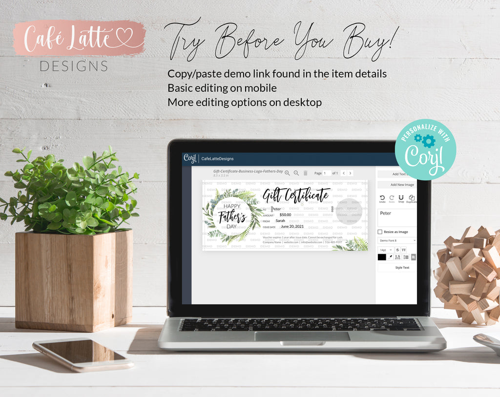 FATHERS DAY Gift Certificate Printable Editable Template, Business Logo Golf Lesson Sport Coupon, Instant DIY Corjl, Last Minute Gift Dad