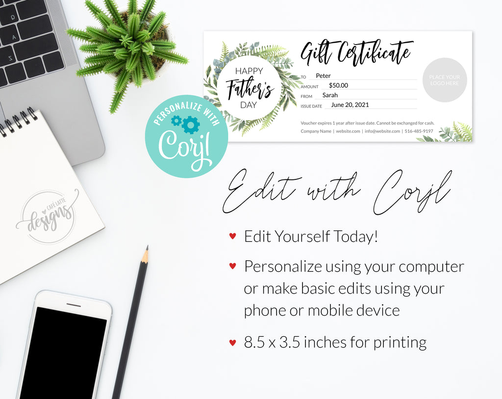 FATHERS DAY Gift Certificate Printable Editable Template, Business Logo Golf Lesson Sport Coupon, Instant DIY Corjl, Last Minute Gift Dad