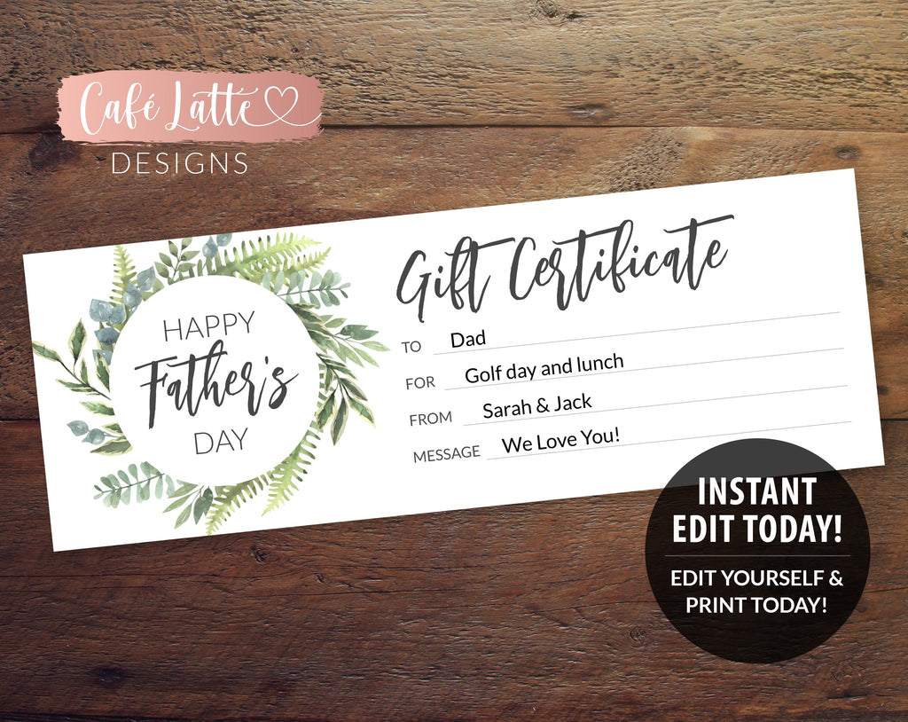 FATHERS DAY Gift Certificate Printable Editable Template, Personalized Golf Lesson Sport Coupon Dad, Instant DIY Corjl, Last Minute Gift