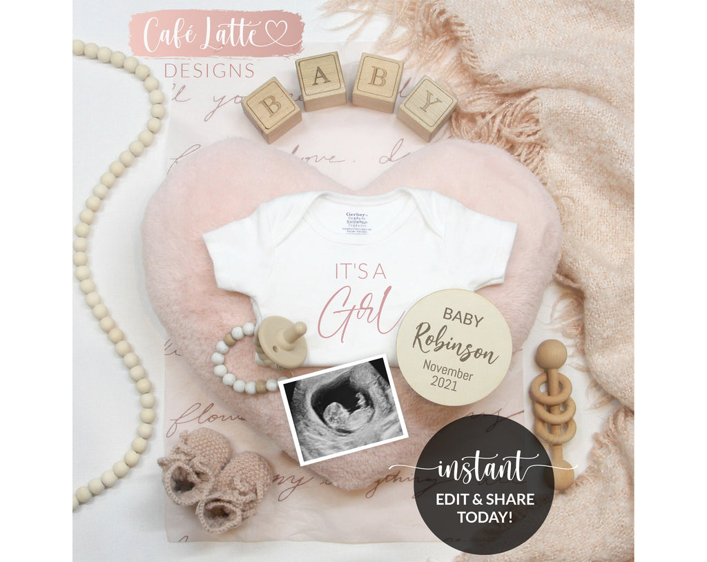 Editable Girl Gender Reveal Social Media, Its a Girl Pregnancy Baby Announcement Digital Template, Pink Heart Vintage Boho, Instagram Facebook DIY