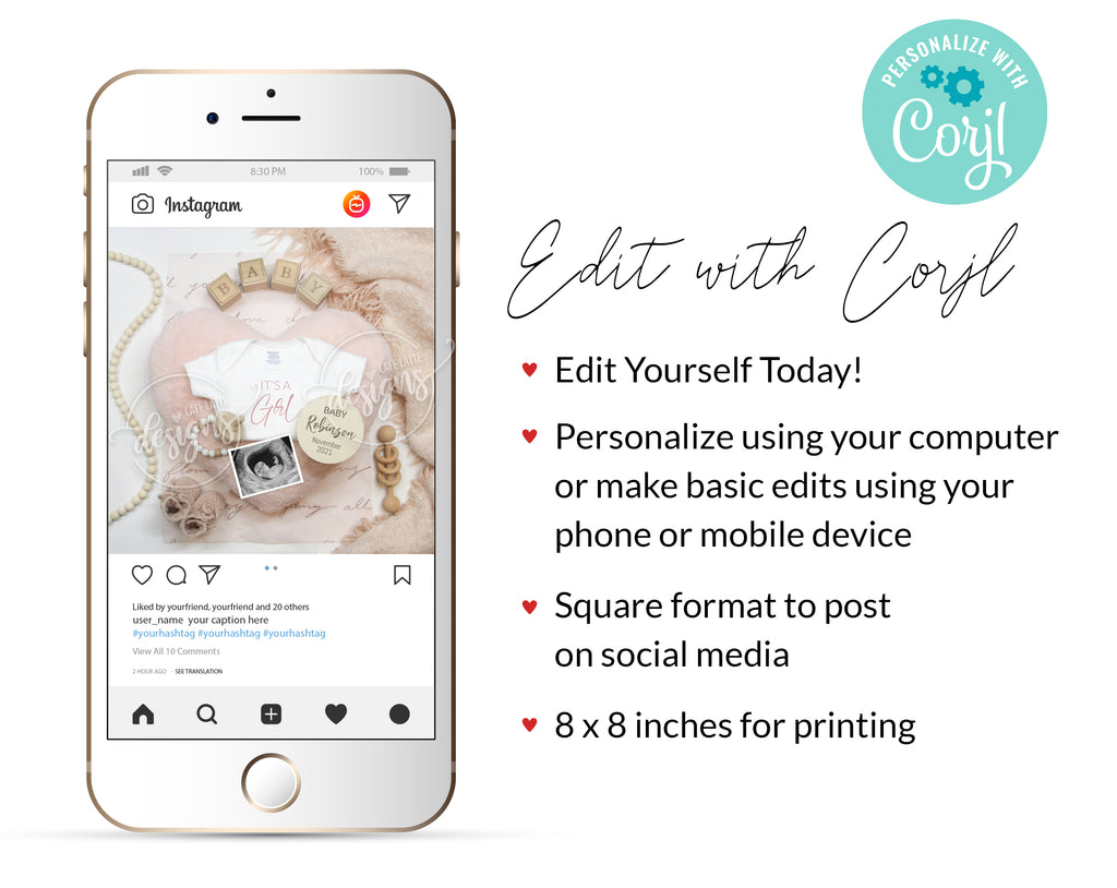 Editable Girl Gender Reveal Social Media, Its a Girl Pregnancy Baby Announcement Digital Template, Pink Heart Vintage Boho, Instagram Facebook DIY