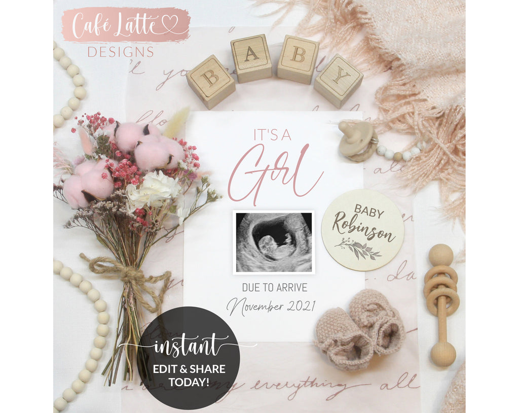 Editable Girl Baby Announcement Social Media, Its a Girl Gender Reveal Pregnancy Digital Template, Pink Flowers Boho, Instagram Facebook DIY