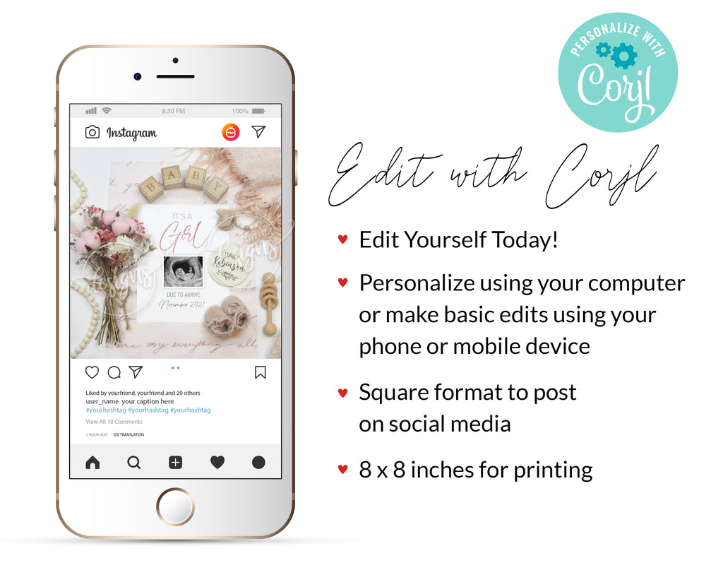 Editable Girl Baby Announcement Social Media, Its a Girl Gender Reveal Pregnancy Digital Template, Pink Flowers Boho, Instagram Facebook DIY