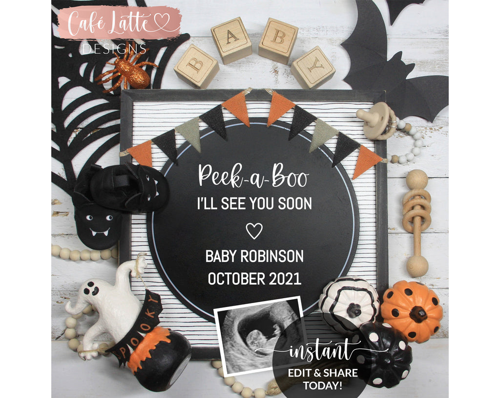 Editable Halloween October Fall pregnancy announcement digital template for social media peek a boo baby