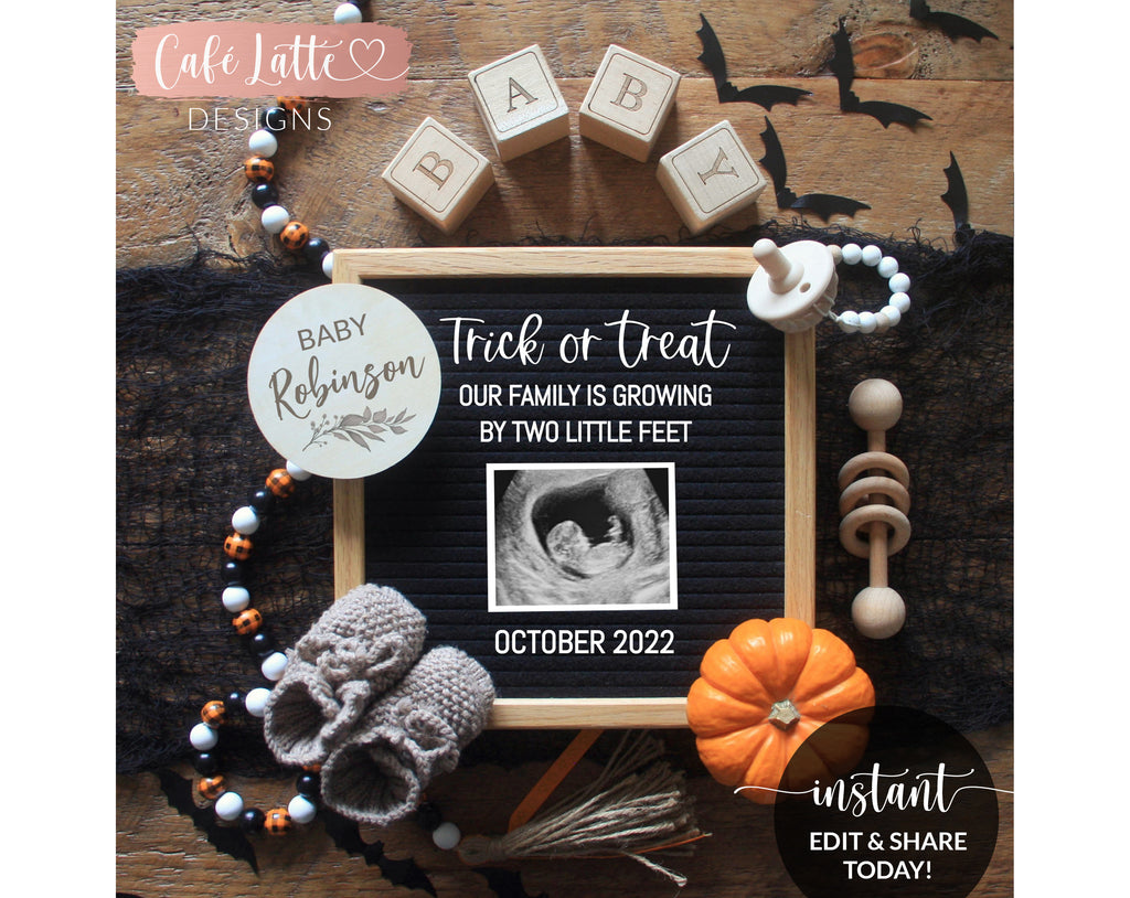 Editable Halloween October Fall pregnancy announcement digital template for social media trick or treat family growing by two little feet baby letter board