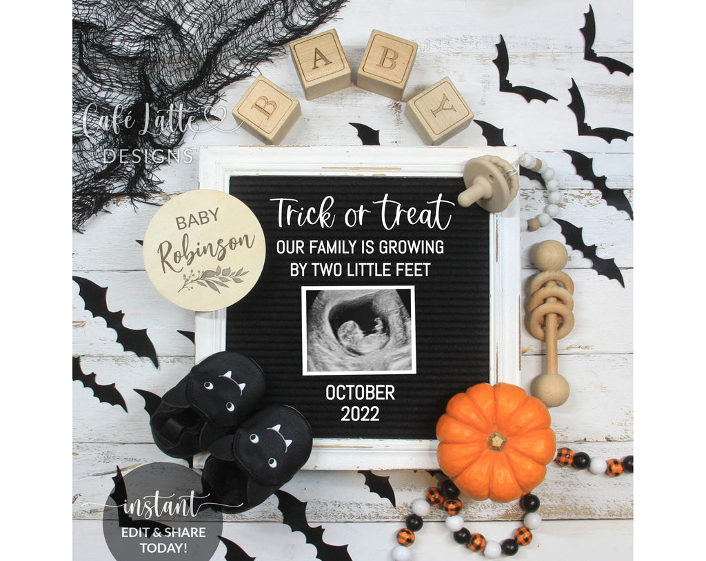 Halloween Pregnancy Announcement For Social Media, Halloween Editable Baby Reveal Digital Template, October Baby, Trick or Treat Our Family Is Growing By Two Little Feet
