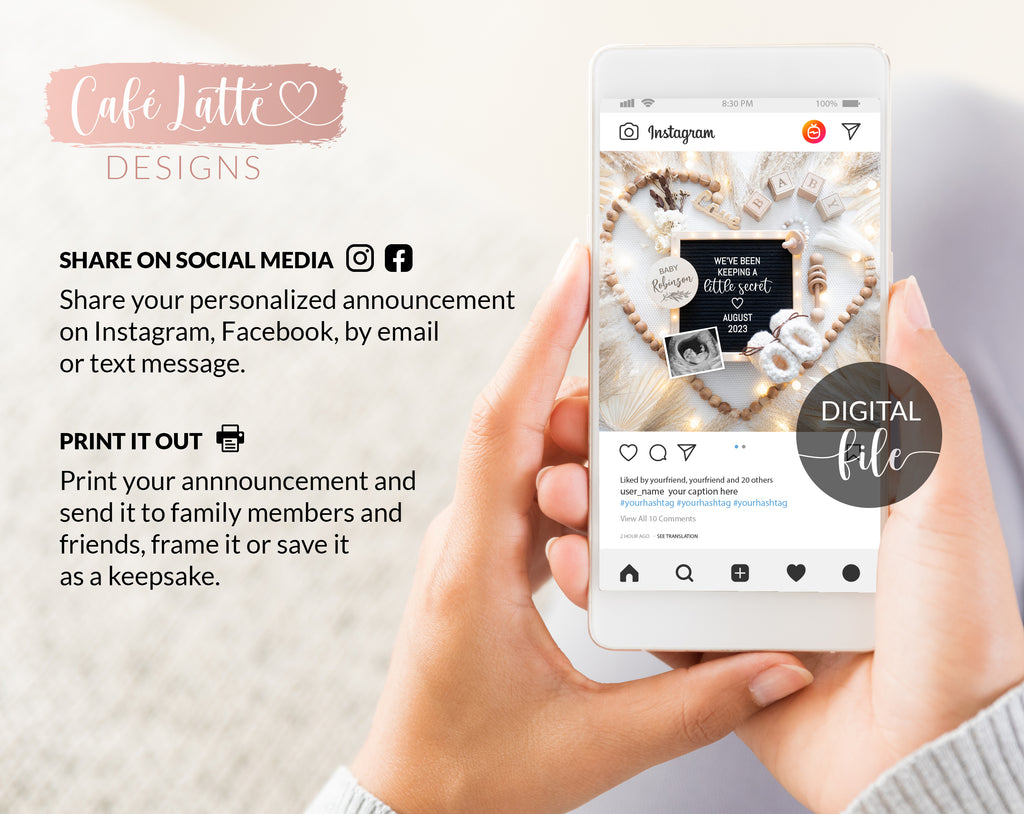 Digital Boho Pregnancy Announcement Social Media, Gender Neutral Baby, Editable DIY Template Keeping a Secret Letter Board, Heart Wood Beads