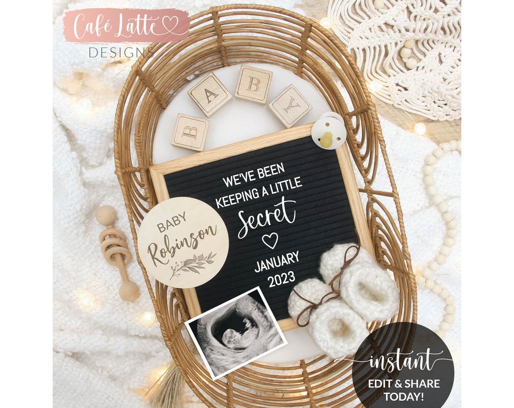 Digital Boho Pregnancy Announcement Social Media, Editable Rattan Bassinet Letter Board Neutral Baby Bed Reveal, Keeping A Secret, Corjl DIY