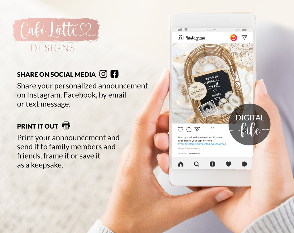 Digital Boho Pregnancy Announcement Social Media, Editable Rattan Bassinet Letter Board Neutral Baby Bed Reveal, Keeping A Secret, Corjl DIY